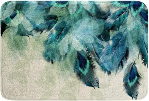 Tapete de baño de plumas de pavo real, color turquesa, verde azulado, con cola de pavo real, tapete de baño antideslizante y absorbente para