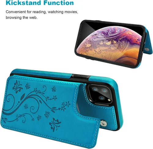 Miniatura 4 de Vaburs Funda para iPhone 11 Pro Max con tarjetero, diseño de mariposa en relieve de piel sintética de alta calidad, doble cierre magnético, a prueba