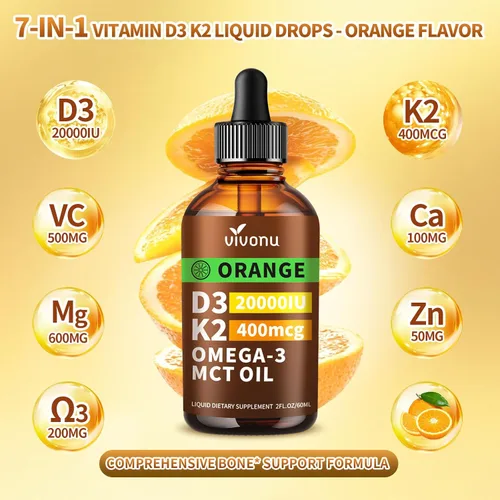 Miniatura 2 de VivoNu Gotas de vitamina D3 K2, D3 20000 UI y K2 como MK-7 400mcg con magnesio, calcio, zinc y Omega 3 para inmune*, estado de ánimo*, hueso* salud