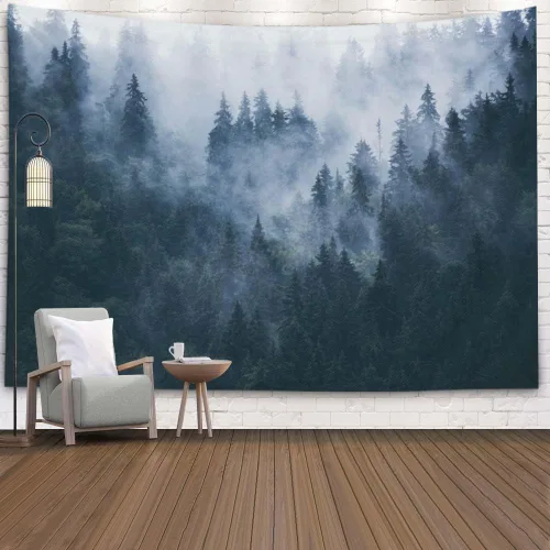 Miniatura 57 de EMMTEEY Tapiz de pared con bosque - Árbol de pino verde y niebla, arte de pared natural, 80x60 pulgadas, tapiz grande de estilo bohemio para sala