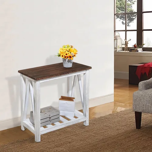 Miniatura 4 de Mesa auxiliar de granja, mesa auxiliar estrecha para sala de estar, mesas auxiliares delgadas con estante de almacenamiento, mesita de noche de 2
