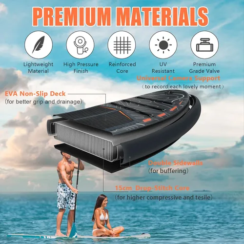 Miniatura 3 de Tabla de remo inflable, tabla de remo de pie con asiento de cámara SUP, postura amplia, tabla de remo inflable, mochila ISUP, bomba, 3 aletas, Negro