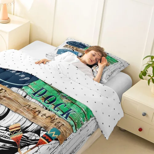 Miniatura 2 de Erosebridal Juego de edredón de barco muelle, juego de ropa de cama con diseño de paleta de lago, tamaño individual para niños, adolescentes