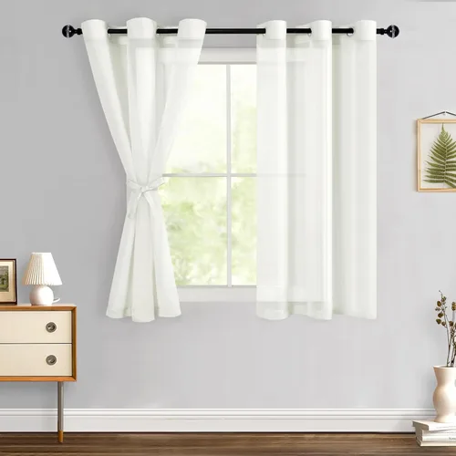 Miniatura 96 de Hiasan - Cortinas traslúcidas de gasa cortas semitransparentes con ojales y alzapaños filtrantes de luz para ventana, dormitorio, baño, 2 paneles
