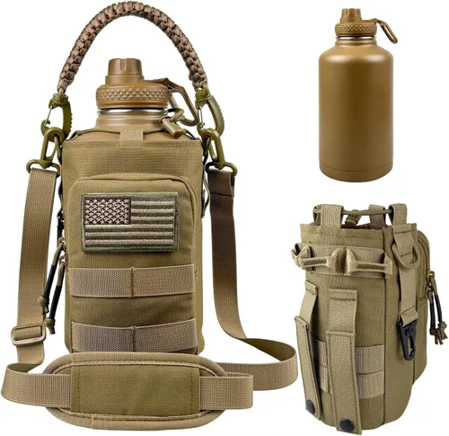 Miniatura 18 de Botella de agua aislada de 32 onzas, jarra de agua negra militar de acero inoxidable con manga, botellas de agua para gimnasio para hombres