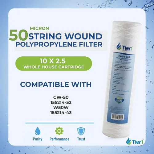 Miniatura 2 de Tier1 Cartucho de repuesto de filtro de agua para sedimentos de polipropileno enrollado de 50 micrones, 10 x 2.5 pulgadas, compatible con Pentek