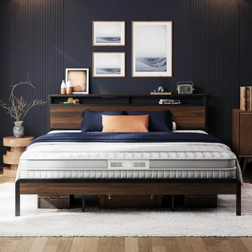 LIKIMIO Marco de Cama King con Cabecero, Marco de Cama King de Madera Oscura con Soportes Fuertes, Resistente, Sin Ruido, No Necesita Somier, Nogal