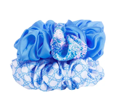 Miniatura 2 de Lilly Pulitzer Juego de 2 coleteros azules, paquete de 2 bandas elásticas de satén, lindas cintas para el cabello para mujeres y niñas, Soleil It On