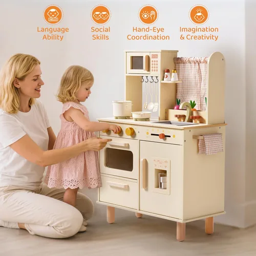 Miniatura 9 de ROBOTIME Juego de cocina de madera para niños, cocina de simulación para niños pequeños con microondas, fregadero, estufa y máquina de hielo, juego
