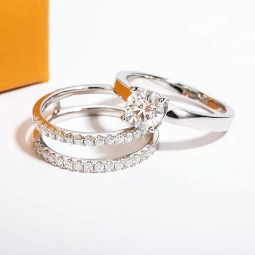 Miniatura 4 de Anillos de compromiso de moissanita, alianza de boda de 1.45 quilates, color D, claridad VVS1, redondo, talla brillante, diamante de moissanita