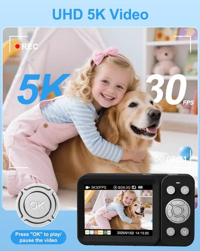 Miniatura 2 de Cámara digital 5K, cámara de enfoque automático de doble pantalla de 80 MP, cámara de punto de zoom 18X y disparo para fotografía, flash, tarjeta