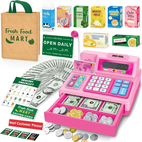 Bstoyder Juguete de caja registradora para niños, juego de 120 piezas de tienda de comestibles con tarjeta de crédito, cajas de comestibles,