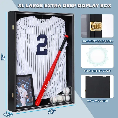 Miniatura 2 de Caja grande de sombra de jersey, caja de sombra militar, extra profunda, XL, grande, marco de exhibición de jersey negro, con bloqueo con protección