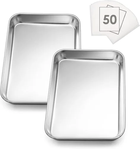 E-far - Juego de 2 bandejas pequeñas para hornear, horno tostador de acero inoxidable de 9.4 x 7.3 pulgadas con 50 papeles pergaminos, mini bandeja