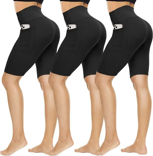 QGGQDD Paquete de 3 pantalones cortos de ciclista para mujer con bolsillos, cintura alta de 8 pulgadas, pantalones cortos negros para entrenamiento,