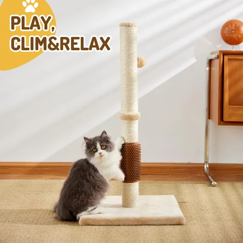 Miniatura 3 de MeowHomm Poste rascador para gatos de 32 pulgadas con cepillo para gatos, cuerda de sisal, poste rascador alto para gatos con bola colgante suave