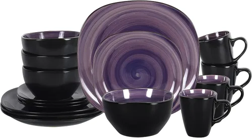 Miniatura 18 de juego de vajilla de cerámica de 16 piezas en forma cuadrada, interior rosa brillante + exterior negro mate