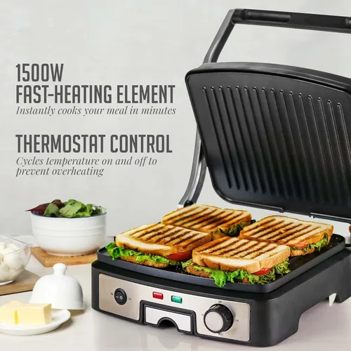 Miniatura 3 de OVENTE Sandwichera eléctrica Panini Press, parrilla interior de 1500 W con placas revestidas antiadherentes, control de temperatura y bandeja