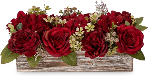Miniatura 19 de DILATATA Arreglo floral con jarrón de madera, flores artificiales de 10 pulgadas en maceta, flores falsas en jarrón rectangular de madera blanco