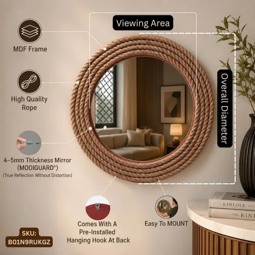 Miniatura 2 de Nagina International Decoración de pared náutica prémium hecha a mano con cuerda de espejo acentuado Regalos y coleccionables de decoración