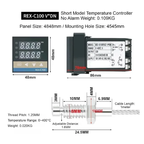 Miniatura 4 de Rex-C100 Short Shell Pid Temperature Controller + K Type Thermocouple + 40a SSR Relay + Heat Sink