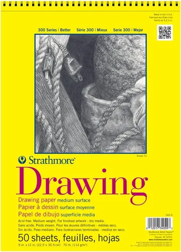 Strathmore 300 Series - Bloc de papel para dibujo, encuadernado con alambre superior, 9 x 12 pulgadas, 50 hojas (70lb/114g) - Papel de artista para