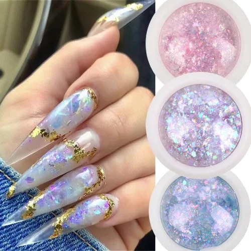 4 cajas de uñas en polvo holográfico con purpurina en polvo de ópalo cromado, escamas irregulares brillantes de sirena, lentejuelas rosa y morado,