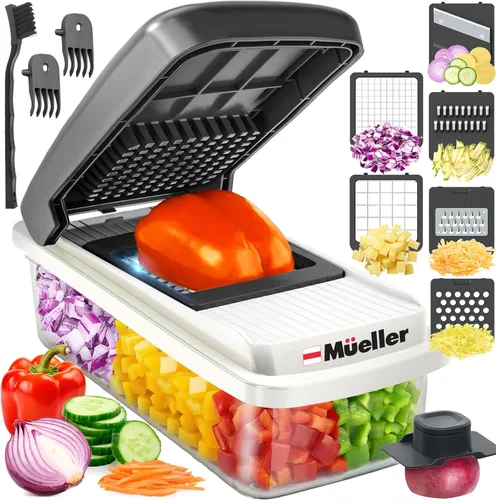 Mueller Cortador de verduras mandolina, picador de verduras, rallador de queso, cortador de cebolla con recipiente, picador, utensilios y elementos