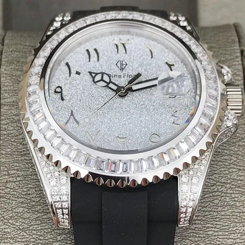 Miniatura 8 de Reloj de pulsera automático de acero inoxidable con diamantes brillantes helados, BlancoDorado, 40mm