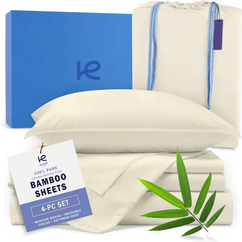 Kickoff Sábanas de bambú de viscosa tamaño King, 4 piezas, 100% viscosa de bambú orgánico, juego de sábanas refrescantes tamaño King, ropa de cama