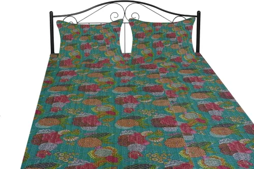 Miniatura 41 de Sophia-Art Colcha reversible de frutas indias para cama individual/king con patrón Gudri de algodón puro estilo Kantha, colcha decorativa con Rosa