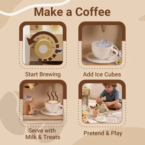 Miniatura 3 de Freniland Juego de cafetera de madera para niños pequeños, máquina de espresso de lujo con accesorios, juguete de cocina Montessori para niños a