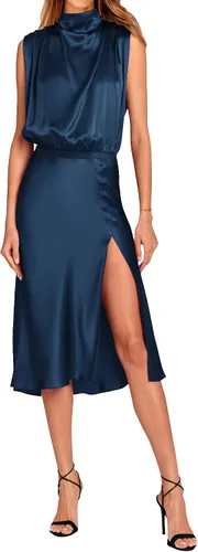 PRETTYGARDEN Vestido formal de satén sin mangas con cuello alto falso para mujer, cintura elástica, abertura por debajo de la rodilla, vestidos de