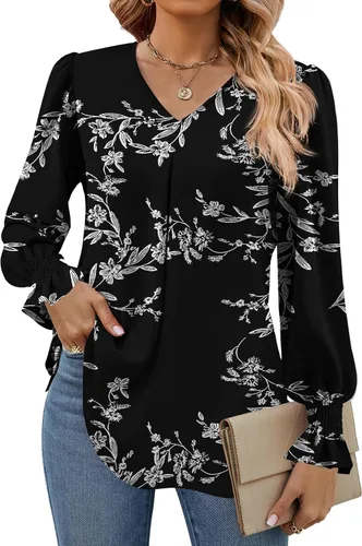 Miniatura 15 de Funlingo Blusas de mujer con mangas largas 2025, elegantes y casuales, con cuello en V, túnica suelta de gasa para el trabajo