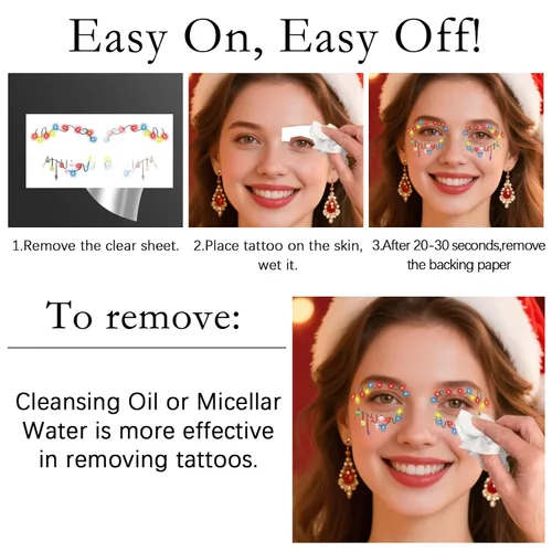 Miniatura 7 de 12 pares de tatuajes temporales de maquillaje navideño para ojos, impermeables, árbol de Navidad, ciervo, delineador de ojos, sombra de ojos, kit