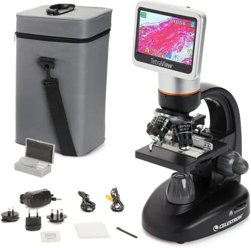 Celestron – Microscopio digital LCD TetraView – Pantalla de 4.3" – Cámara de 5MP – Aumento de 40x–1600x – Cabezal giratorio – Tarjeta SD incluida –