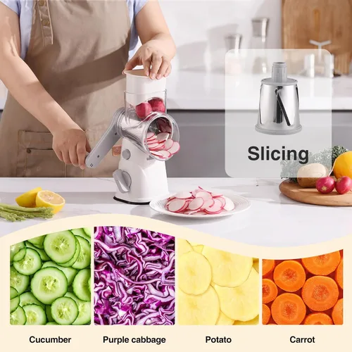 Miniatura 3 de Rallador Giratorio de Queso con Manivela Manual, Mandolina de Cocina Rallador de Verduras y Queso con 3 Cuchillas Intercambiables, Rallador