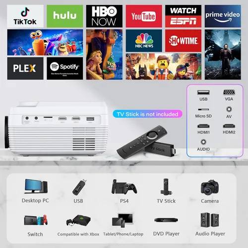 Miniatura 6 de Proyector Bluetooth Full HD WiFi Reproductor de DVD integrado, 12000LM 1080P compatible, mini proyector de DVD portátil para películas al aire Blanco