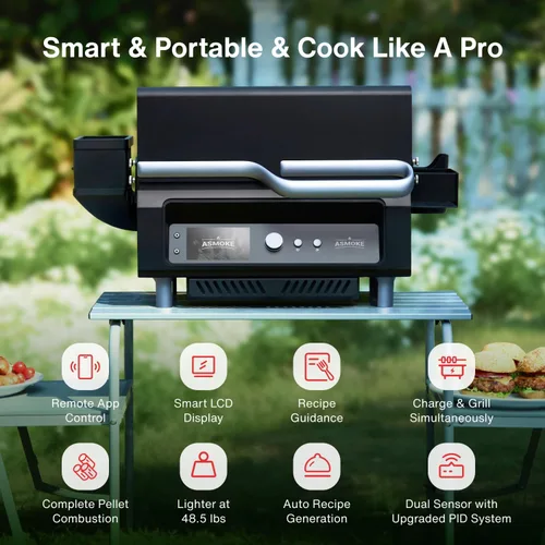 Miniatura 2 de ASMOKE Essential– Guga's Pick Parrilla de pellets de madera portátil inteligente y ahumador con pantalla LCD de 5 pulgadas, parrilla 8 en 1