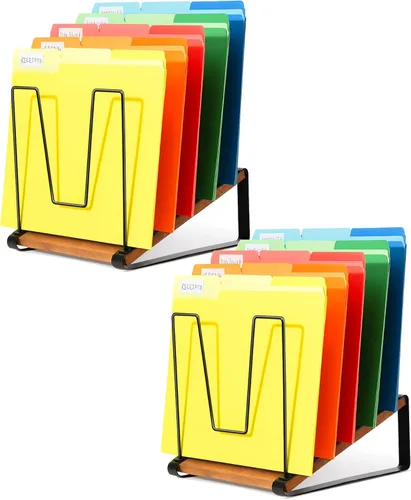 Miniatura 9 de HULISEN Organizador de archivos de escritorio inclinado, soporte vertical para carpetas de archivos de 5 secciones, estante clasificador de archivos