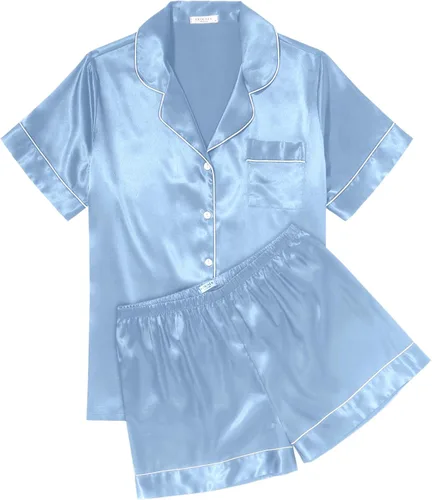 Miniatura 23 de Ekouaer Conjunto de pijama de satén de seda para mujer, suave, de manga corta, con botones, ropa para dormir, camiseta y pantalones cortos, juego