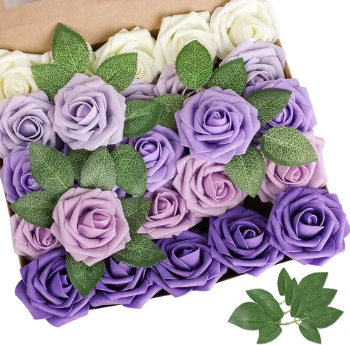 AmyHomie Serie de flores artificiales, 25 rosas falsas de aspecto real con tallo para ramos de boda, centros de mesa, arreglos de fiesta, baby