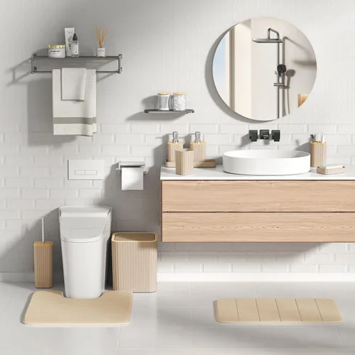 Miniatura 5 de XLHOMO Bathroom Set- 25PC Beige Bathroom Set, Bathroom Set with Shower Curtain and Rugs, Beige Shower Curtain Set, Toilet Brush, Bathroom Trash Can