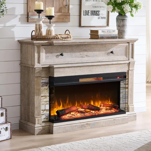 Miniatura 7 de OKD Chimenea eléctrica de 52" con repisa, chimenea independiente con inserto de vidrio de 3 lados de 36" para televisores de hasta 65" con gabinete