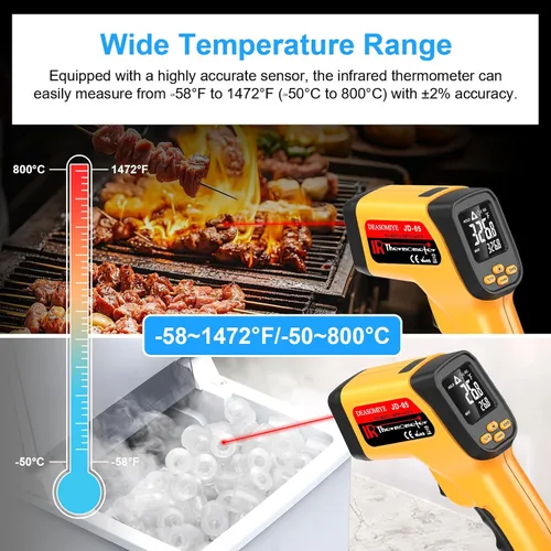 Miniatura 5 de Pistola termómetro infrarroja sin contacto, alta precisión -58°F a 1472°F, emisividad ajustable, termómetro IR con pantalla LCD retroiluminada