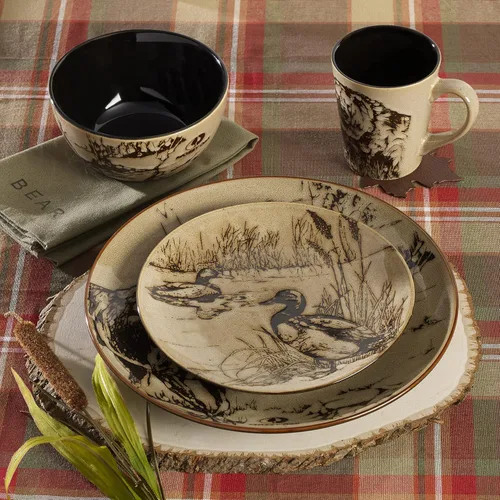 Miniatura 7 de Mossy Oak Juego de vajilla de cerámica de 16 piezas, servicio para 4 personas con platos llanos, platos de ensalada, cuencos y tazas, diseño