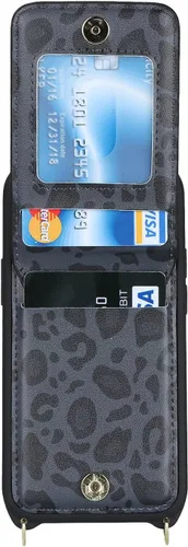 Miniatura 6 de Funda para iPhone 13 mini con tarjetero y correa para mujer, bolsa cruzada con soporte de anillo con cremallera para Apple 13mini, leopardo negro