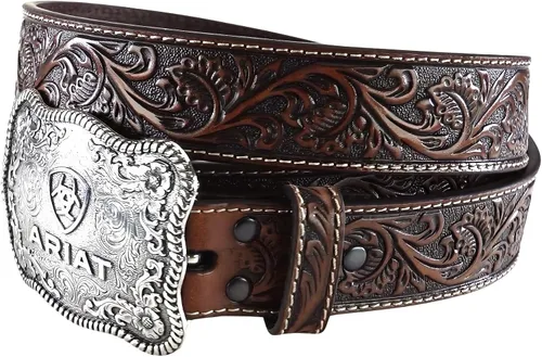 Miniatura 5 de ARIAT Cinturón de cuero en relieve floral para hombre con hebilla de vaquero plateada envejecida