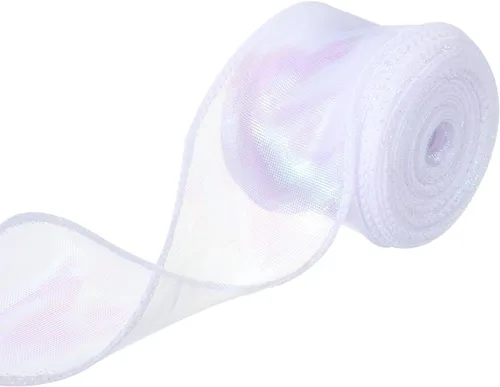 Miniatura 12 de MECCANIXITY - Cinta de organza con cable de 1 1/2" de ancho, brillante, transparente, con brillo irisado en tonos pastel, cinta de gasa para Beige