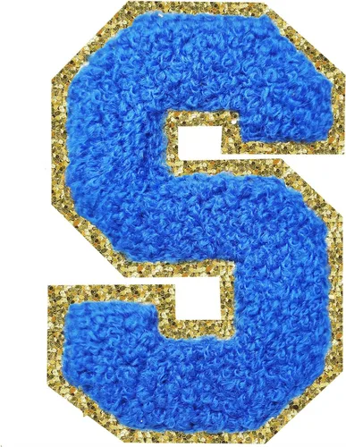 Parches de letras termo-adhesivas de felpilla para chaquetas, parches de letras universitarias con brillantina para planchar en la letra azul